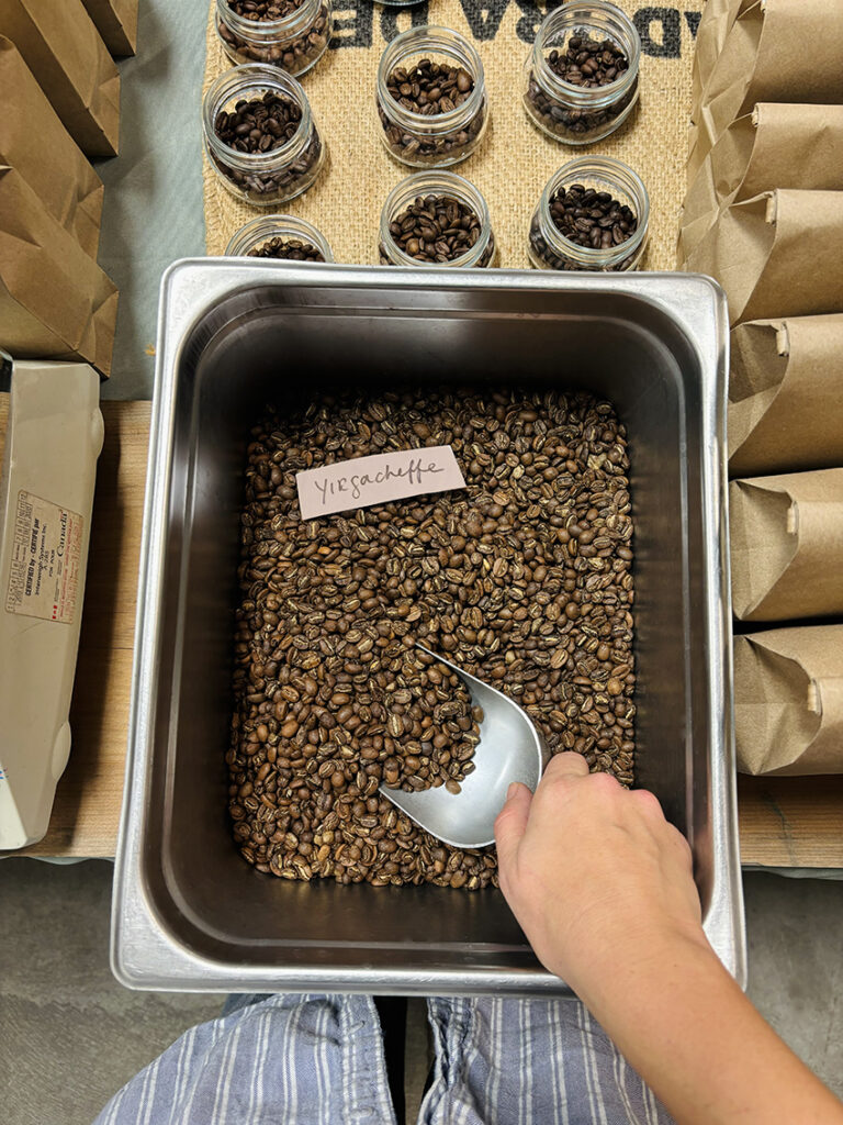 Scooping Yirgacheffe coffee out of a stainless steel container.