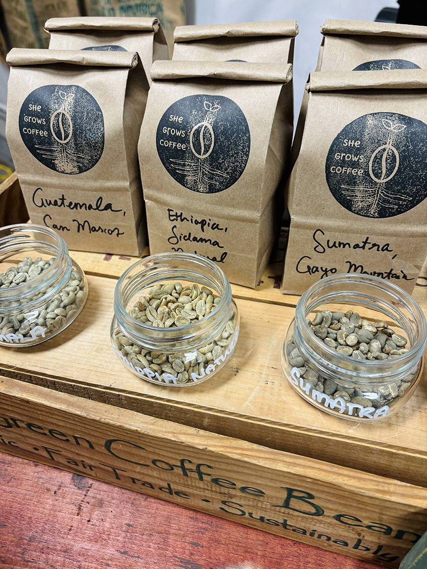 She Grows Coffee 1lb green coffee on display in hand-stamped recycled kraft bags with the green beans being shown in small glass mason jars.