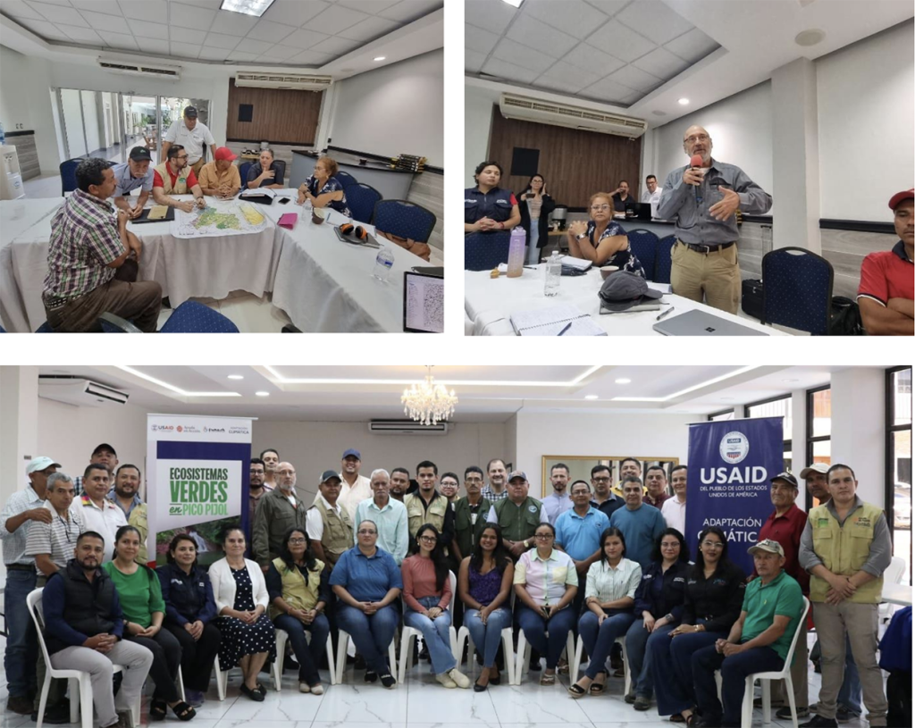 Images of a meeting of the USAID Climate Adaptation program, Morazan, December 2, 2024 showing all stakeholders working together.
